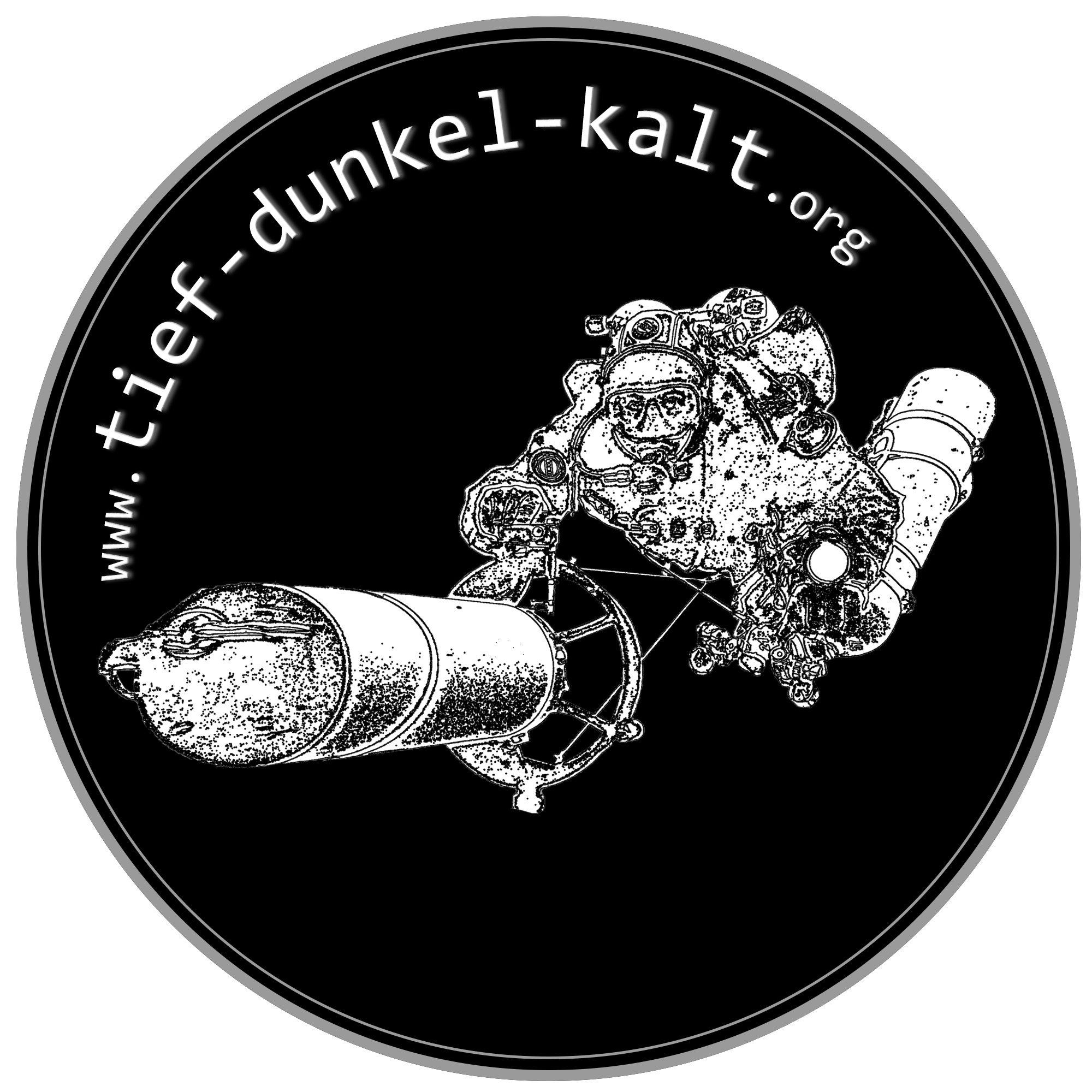 Logo von Tief-Dunkel-Kalt: Stilisierter Taucher mit D12 und Scooter, Weiß auf Schwarz